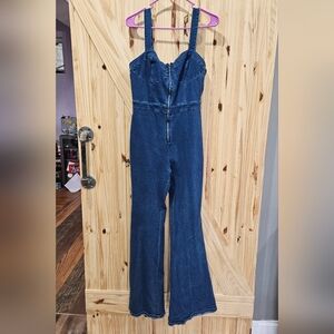 Flying Tomato Dark Blue Denim Jumpsuit with Front Zip